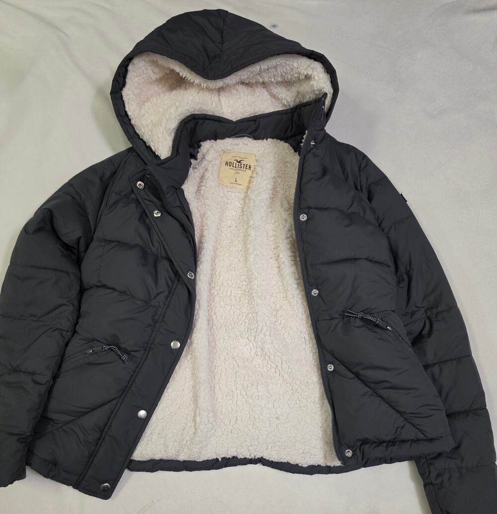​Hollister Womens Large Grey Sherpa Lined Puffer Jacket Hooded Winter Coat